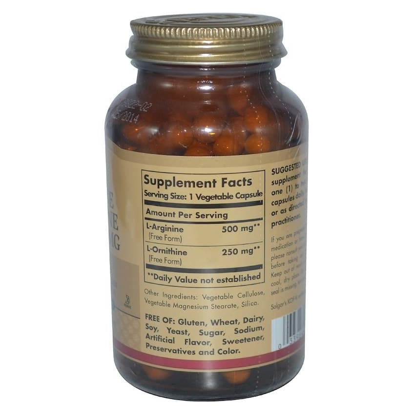 L-аргинин + L-орнитин / L-Arginine + L-Ornithine, Solgar, 500 мг + 250 мг, 100 вегетарианских капсул