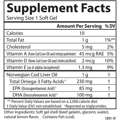 Жир печінки тріски з вітаміном А з лимонним смаком / Cod Liver Oil Gems Low Vitamin A Lemon Flavor, Carlson Labs, 150 гелевих капсул