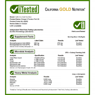 Омега-3, рыбий жир премиум-класса / Omega-3 Premium Fish Oil, California Gold Nutrition, 100 гелевых капсул