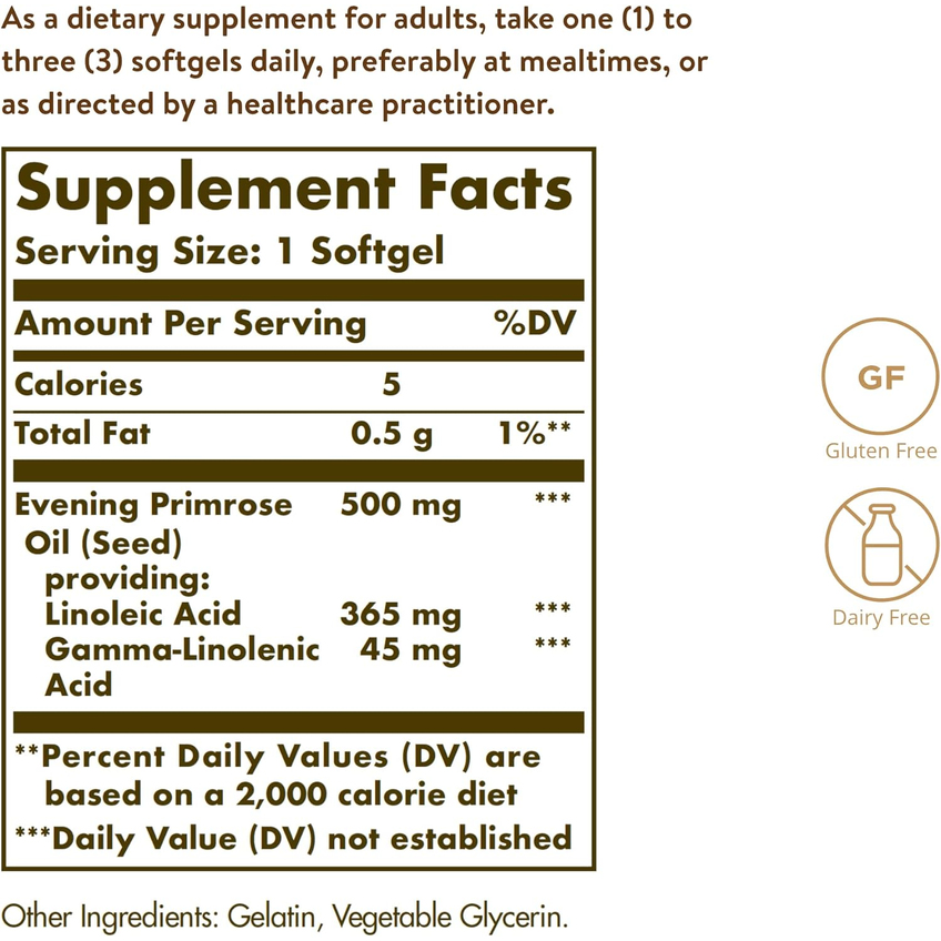 Масло примулы вечерней / Evening Primrose Oil, Solgar, 500 мг, 180 гелевых капсул