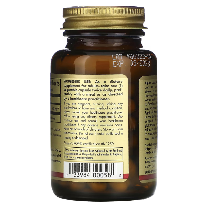 Альфа-ліпоєва кислота / Alpha Lipoic Acid, Solgar, 200 мг, 50 вегетаріанських капсул