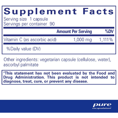 Аскорбиновая кислота в капсулах / Ascorbic Acid Capsules, Pure Encapsulations, 1000 мг, 90 капсул