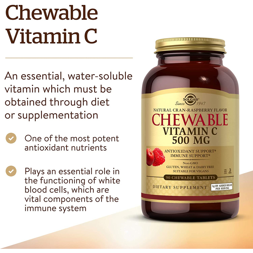 Жевательный витамин С с клюквенно-малиновым вкусом / Chewable Vitamin C Natural Cran-Raspberry, Solgar, 500 мг, 90 жевательных таблеток