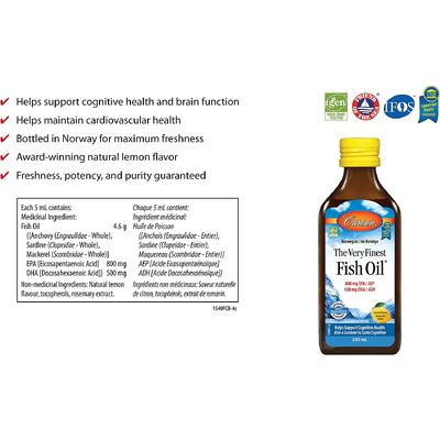 Риб'ячий жир з лимонним смаком / Norwegian The Very Finest Fish Oil Natural Lemon Flavor, Carlson Labs, 200 мл