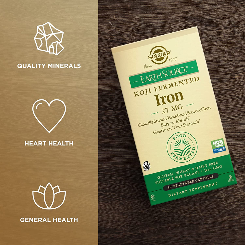 Железо коджи ферментированное / EarthSource Food Fermented Koji Iron, Solgar, 27 мг, 30 вегетарианских капсул