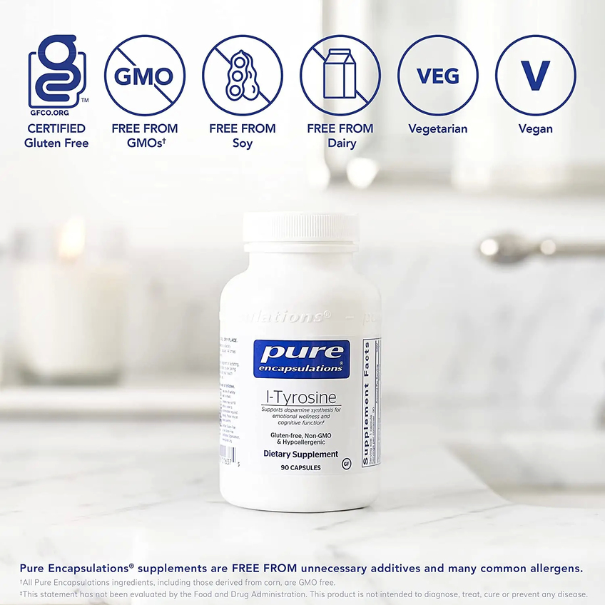 L-тирозин / l-Tyrosine, Pure Encapsulations, 500 мг, 90 капсул