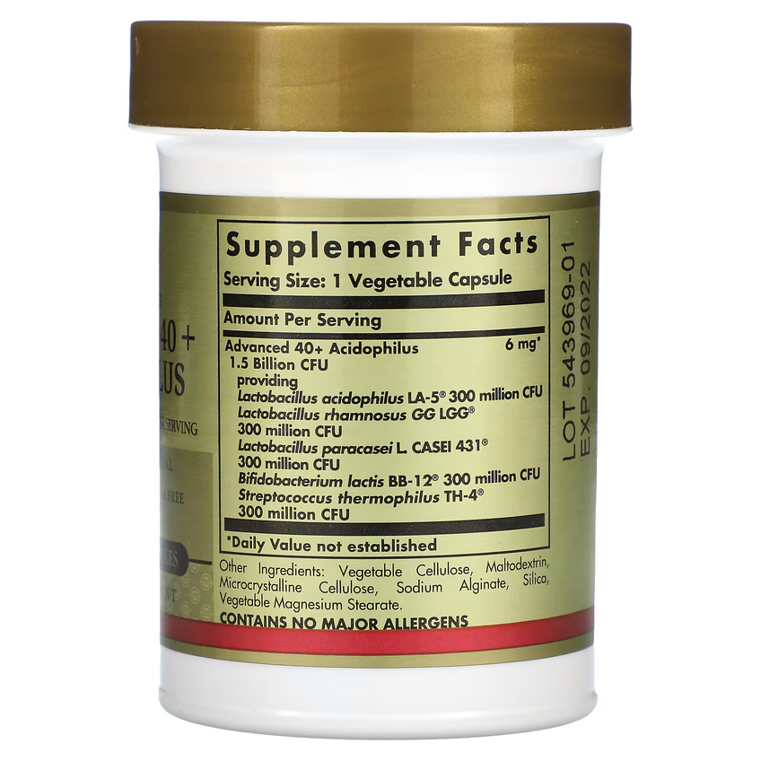 Улучшенный ацидофильный комплекс пробиотиков 40+ / Advanced 40+ Acidophilus, Solgar, 60 вегетарианских капсул