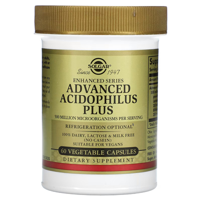 Улучшенный ацидофильный плюс комплекс пробиотиков / Advanced Acidophilus Plus, Solgar, 60 вегетарианских капсул