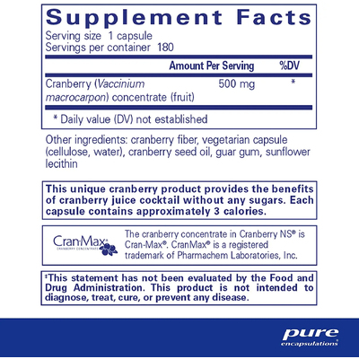 Клюква NS / Cranberry NS, Pure Encapsulations, 500 мг, 180 капсул