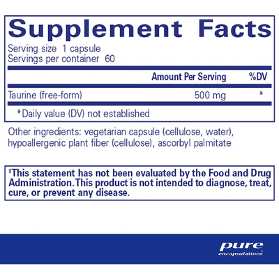 Таурин / Taurine, Pure Encapsulations, 500 мг, 60 капсул
