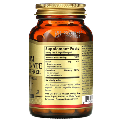 Полінікотинат хрому без дріжджів / Chromium Polynicotinate (yeast-free), Solgar, 200 мкг, 100 вегетаріанських капсул
