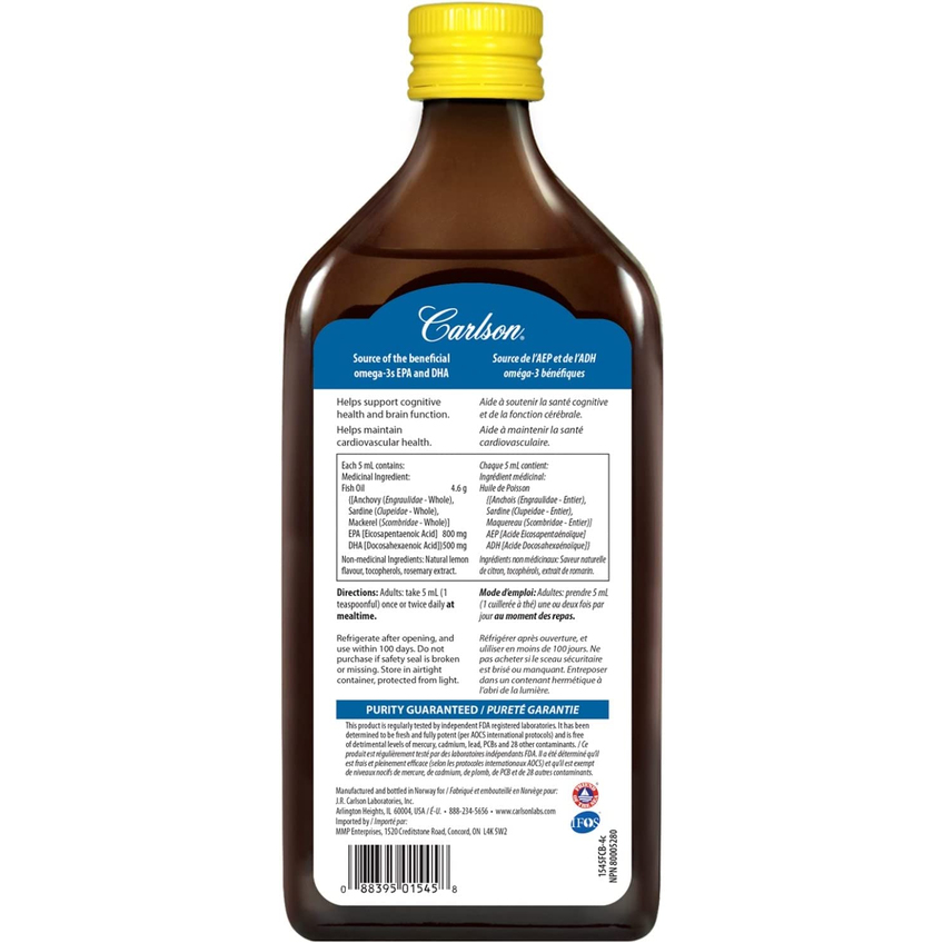 Рыбий жир с лимонным вкусом / Norwegian The Very Finest Fish Oil Natural Lemon Flavor, Carlson Labs, 500 мл