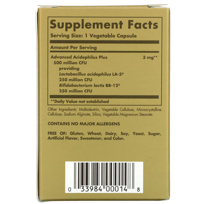 Улучшенный ацидофильный плюс комплекс пробиотиков / Advanced Acidophilus Plus, Solgar, 60 вегетарианских капсул