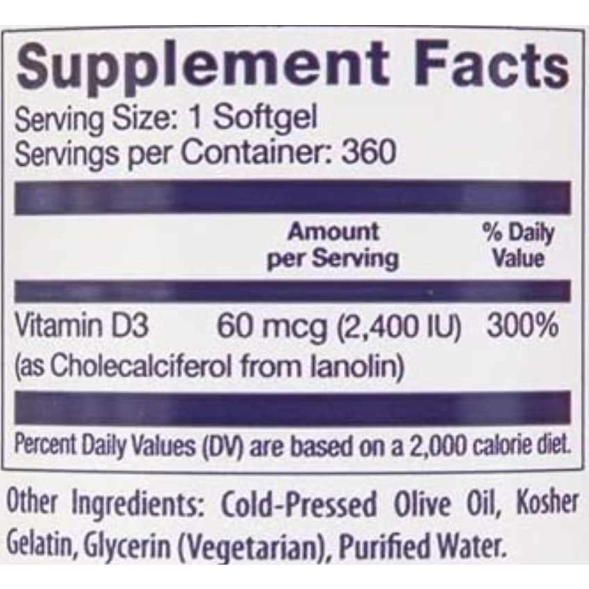 Витамин D3 / Vitamin D3, Healthy Origins, 60 мкг, 360 гелевых капсул