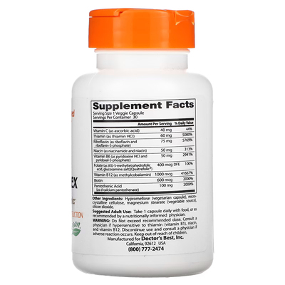 Повністю активний комплекс вітамінів групи B із Quatrefolic / Fully Active B Complex with Quatrefolic, Doctor's Best, 30 вегетаріанських капсул
