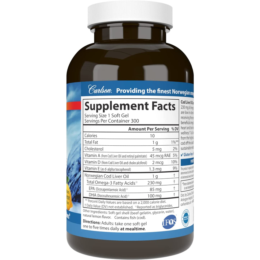 Жир печінки тріски з вітаміном А з лимонним смаком / Cod Liver Oil Gems Low Vitamin A Lemon Flavor, Carlson Labs, 300 гелевих капсул