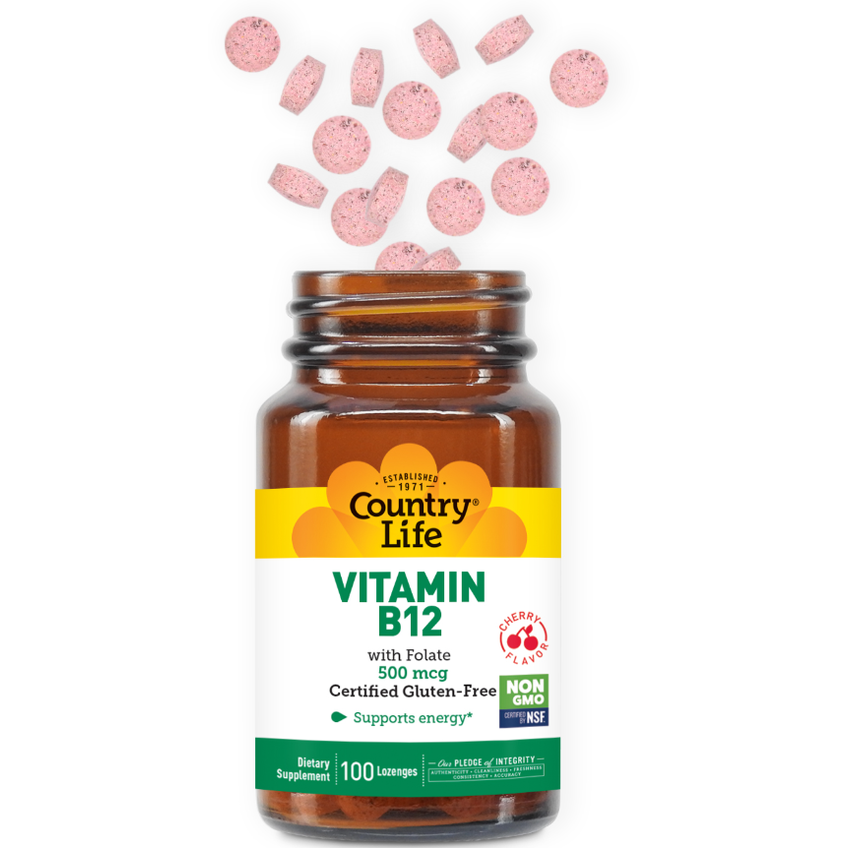 Витамин В12 и фолиевая кислота / Vitamin B12 Sublingual Cherry Flavor, Country Life, 500 мкг, 100 леденцов