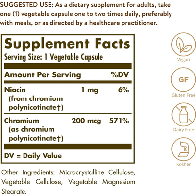 Полінікотинат хрому без дріжджів / Chromium Polynicotinate (yeast-free), Solgar, 200 мкг, 100 вегетаріанських капсул