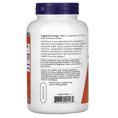 L-цитруллин / L-Citrulline, Now Foods, 750 мг, 180 вегетарианских капсул