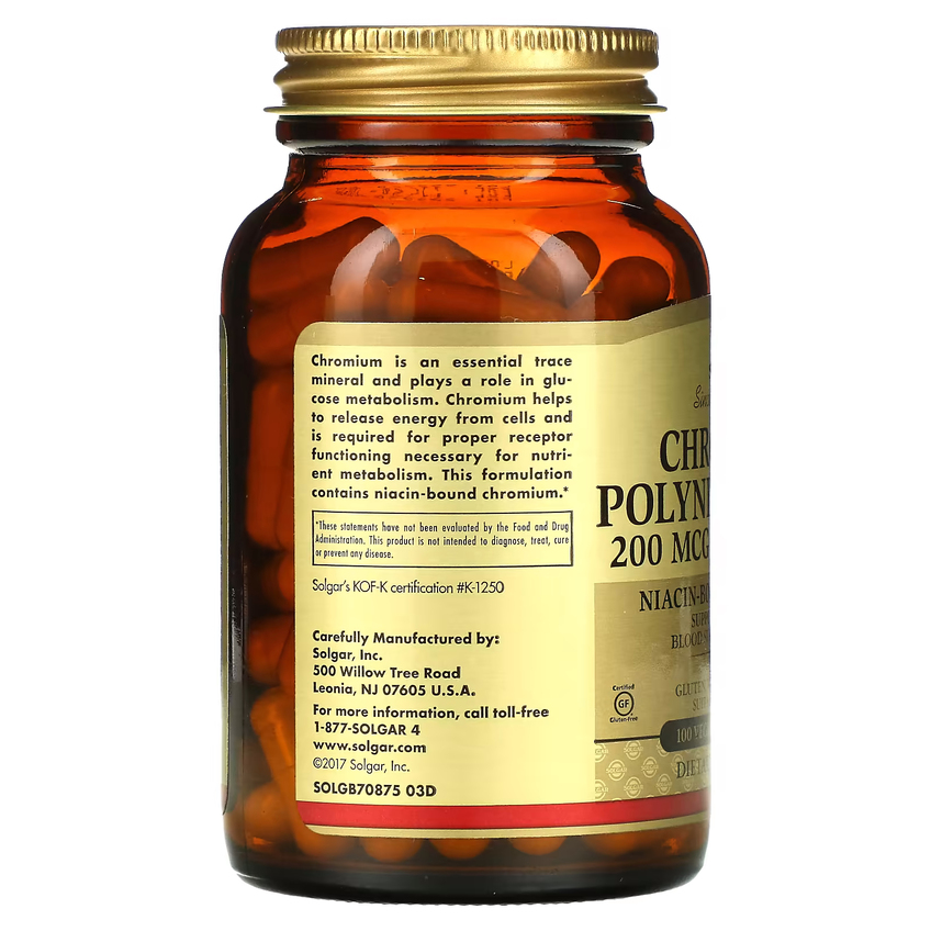 Полінікотинат хрому без дріжджів / Chromium Polynicotinate (yeast-free), Solgar, 200 мкг, 100 вегетаріанських капсул