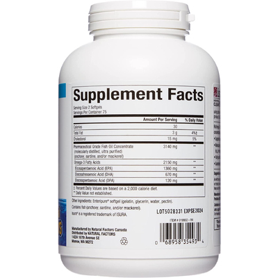 Надсильна Омега-3 із риб'ячого жиру / RxOmega-3 Ultra Strength, Natural Factors, 1075 мг, 150 гелевих капсул
