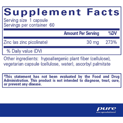 Цинк / Zinc, Pure Encapsulations, 30 мг, 60 капсул