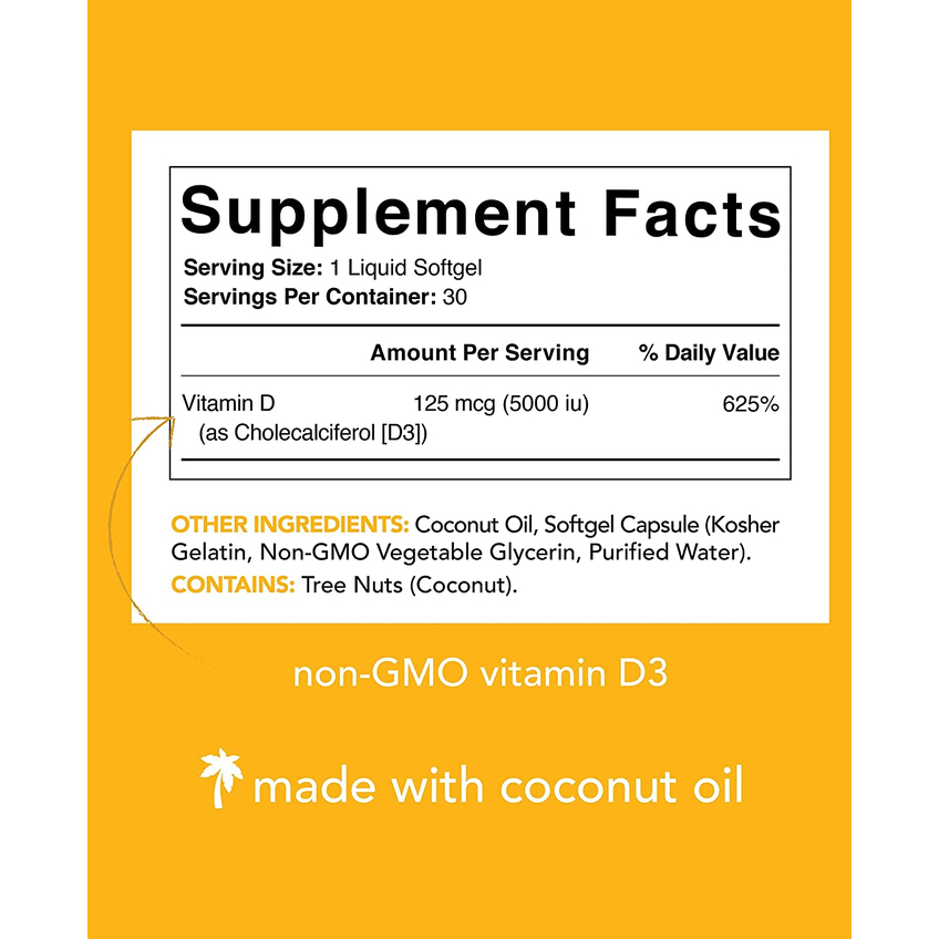 Витамин D3 с кокосовым маслом / Vitamin D with Coconut Oil, 125 мкг (5000 МЕ), Sports Research, 30 гелевых капсул