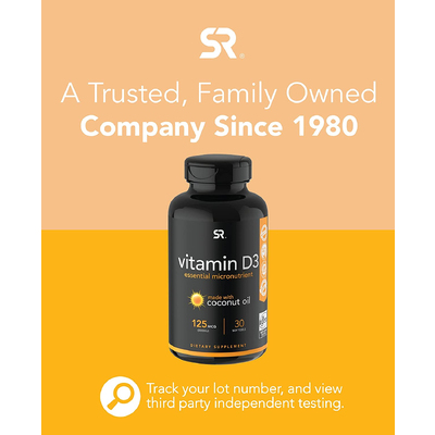 Витамин D3 с кокосовым маслом / Vitamin D with Coconut Oil, 125 мкг (5000 МЕ), Sports Research, 30 гелевых капсул