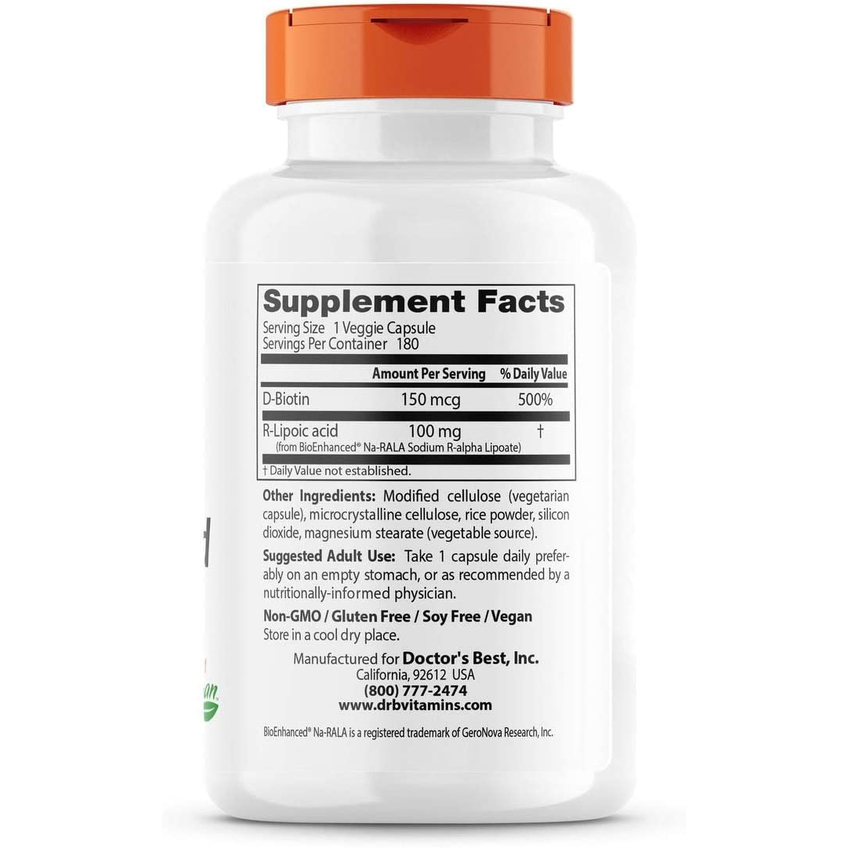 Стабилизированная R-липоевая кислота / Stabilized R-Lipoic Acid, Doctor's Best, 100 мг, 180 капсул