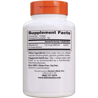 Вітамін D3 / Vitamin D3, Doctor's Best, 125 мкг, 180 капсул