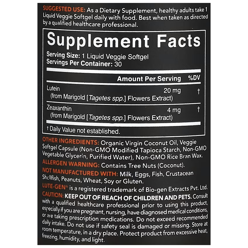 Лютеин и зеаксантин с кокосовым маслом / Lutein and Zeaxanthin with Coconut Oil, Sports Research, 20 мг + 4 мг, 30 вегетарианских гелевых капсул