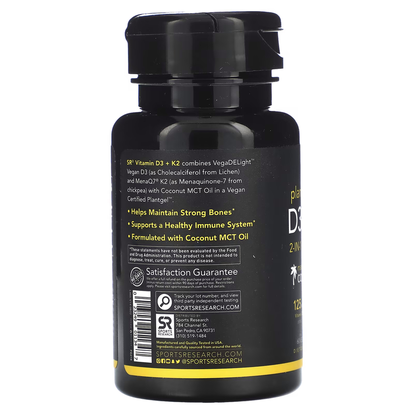 Растительные витамины D3 + K2 с кокосовым маслом / Plant-Based Vitamins D3 + K2 with Coconut Oil, Sports Research, 125 мкг (5000 МЕ) + 100 мкг, 60 вегетарианских капсул