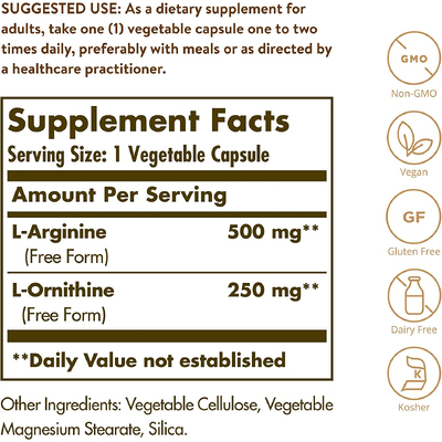 L-аргинин + L-орнитин / L-Arginine + L-Ornithine, Solgar, 500 мг + 250 мг, 100 вегетарианских капсул