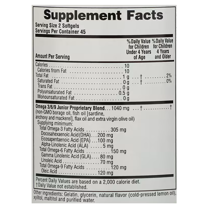 Омега-3-6-9 юниор со вкусом лимона / Source of Life Animal Parade Omega-3-6-9 Junior Lemon Flavor, Nature's Plus, 90 гелевых капсул