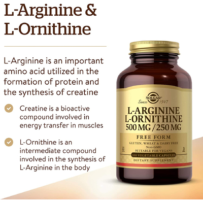 L-аргинин + L-орнитин / L-Arginine + L-Ornithine, Solgar, 500 мг + 250 мг, 100 вегетарианских капсул