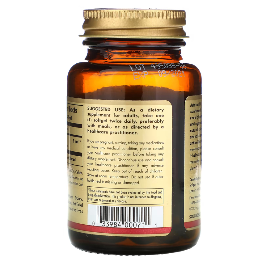Натуральный астаксантин / Astaxanthin, Solgar, 5 мг, 60 гелевых капсул