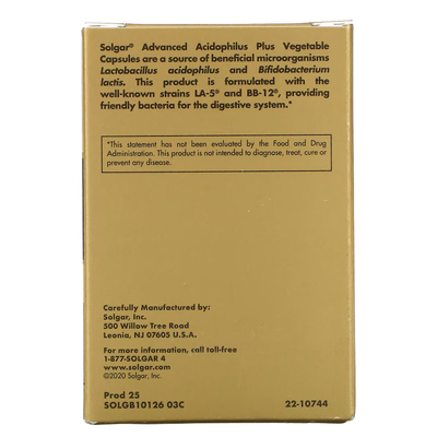 Улучшенный ацидофильный плюс комплекс пробиотиков / Advanced Acidophilus Plus, Solgar, 120 вегетарианских капсул