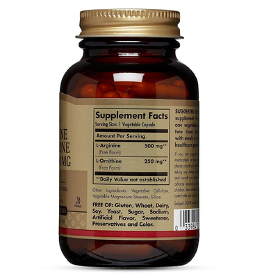L-аргинин + L-орнитин / L-Arginine + L-Ornithine, Solgar, 500 мг + 250 мг, 50 вегетарианских капсул
