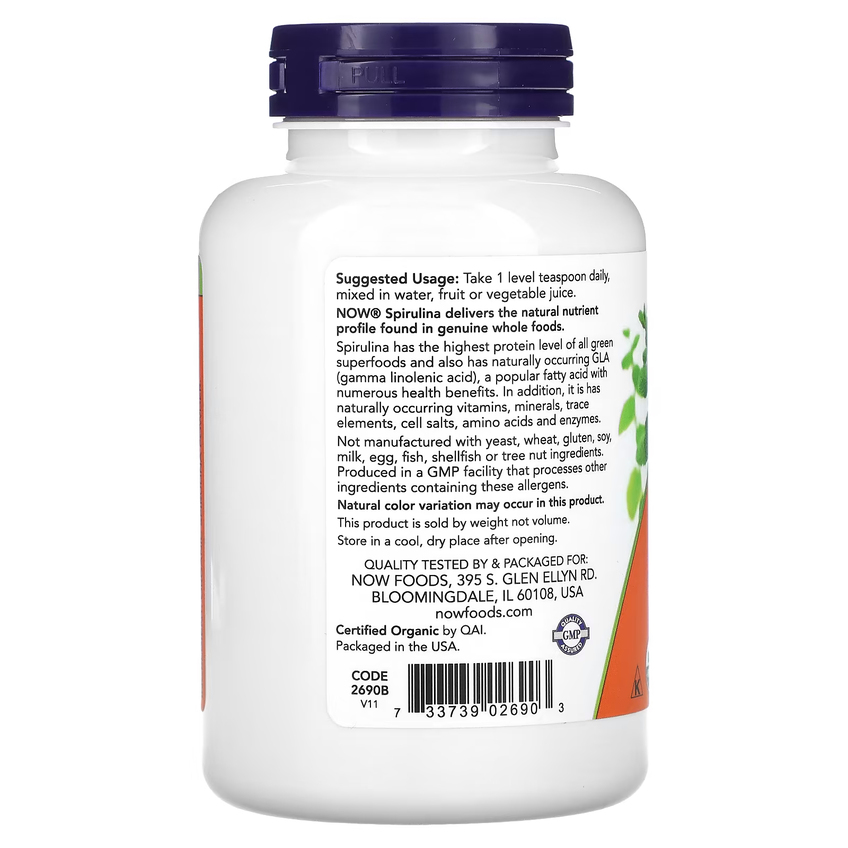 Сертифицированный органический порошок из спирулины (чистый) / Certified Organic Spirulina Powder (Pure), Now Foods, 113 г (4 унции)