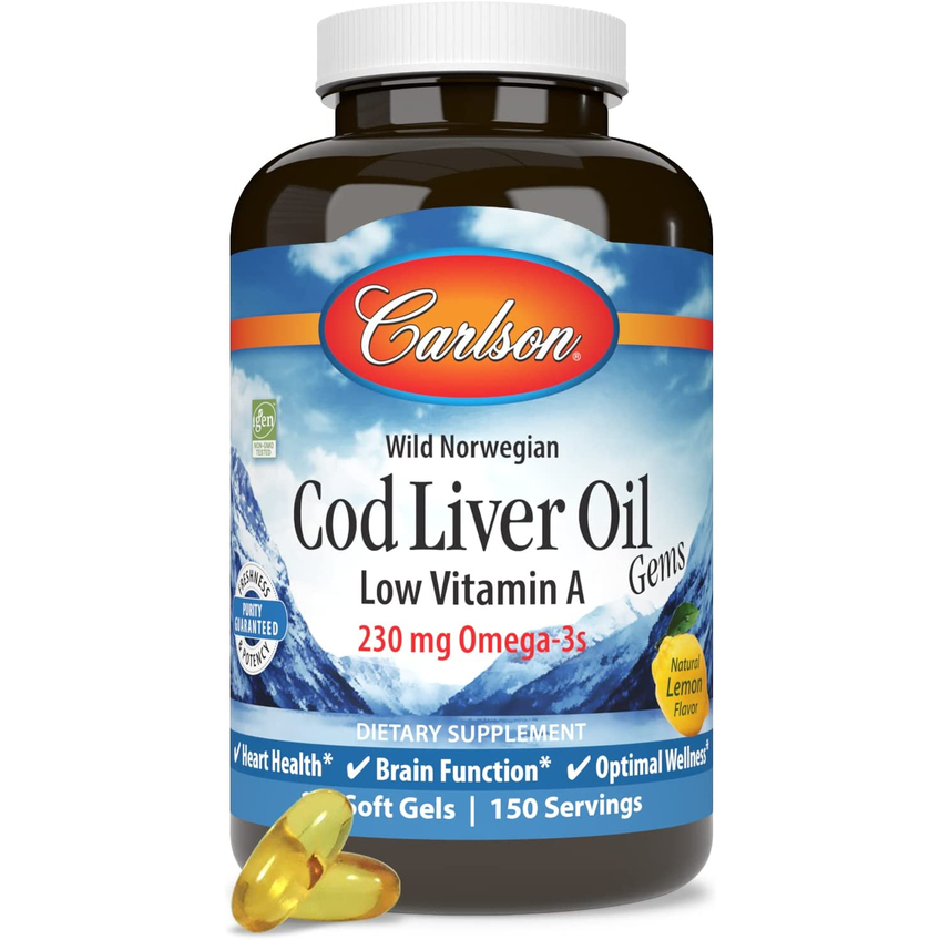 Жир печінки тріски з вітаміном А з лимонним смаком / Cod Liver Oil Gems Low Vitamin A Lemon Flavor, Carlson Labs, 150 гелевих капсул