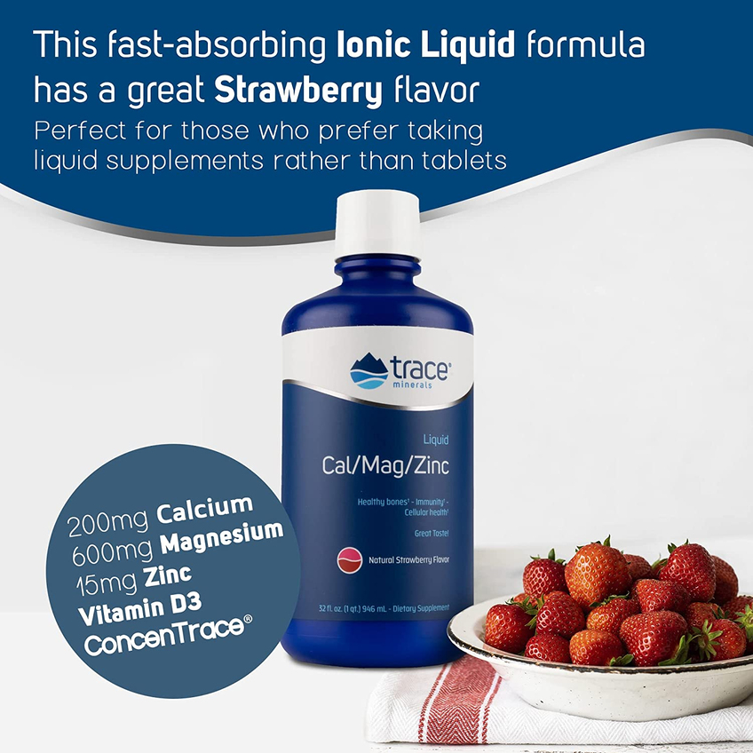 Жидкая добавка с кальцием, магнием и цинком со вкусом клубники / Liquid Cal/Mag/Zinc, Trace Minarals Research, 946 мл