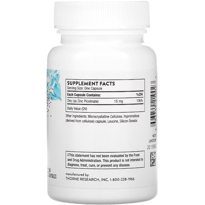 Пиколинат цинка / Zinc Picolinate, Thorne Research, 15 мг, 60 капсул