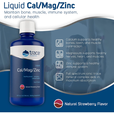 Жидкая добавка с кальцием, магнием и цинком со вкусом клубники / Liquid Cal/Mag/Zinc, Trace Minarals Research, 946 мл