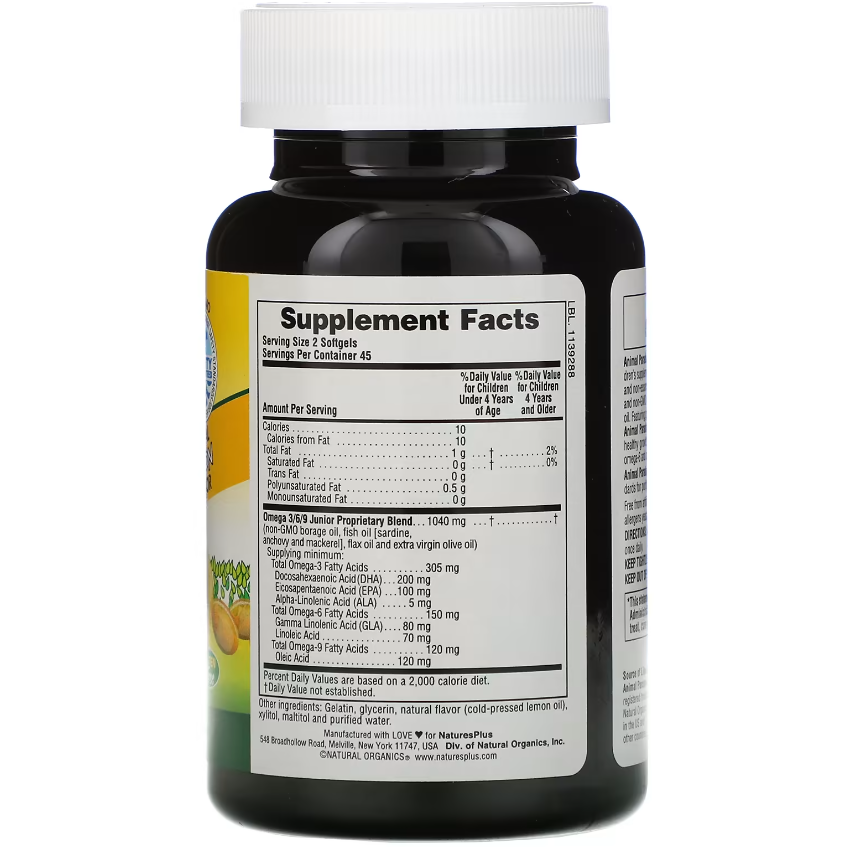 Омега-3-6-9 юниор со вкусом лимона / Source of Life Animal Parade Omega-3-6-9 Junior Lemon Flavor, Nature's Plus, 90 гелевых капсул