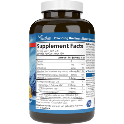 Жир печінки тріски з вітаміном А з лимонним смаком / Cod Liver Oil Gems Low Vitamin A Lemon Flavor, Carlson Labs, 150 гелевих капсул