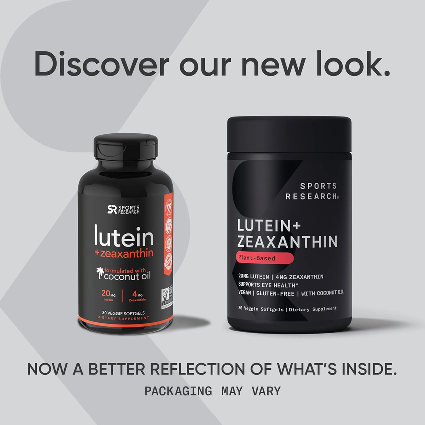 Лютеин и зеаксантин с кокосовым маслом / Lutein and Zeaxanthin with Coconut Oil, Sports Research, 20 мг + 4 мг, 30 вегетарианских гелевых капсул