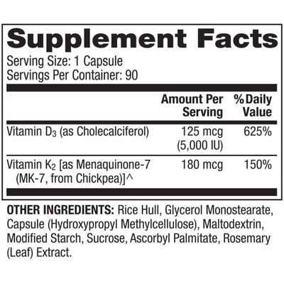 Вітаміни D3 та K2 (МК-7) / Vitamins D3 & K2, Dr. Mercola, 180 мкг, 90 капсул