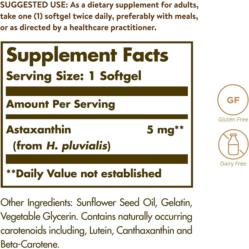Натуральный астаксантин / Astaxanthin, Solgar, 5 мг, 60 гелевых капсул