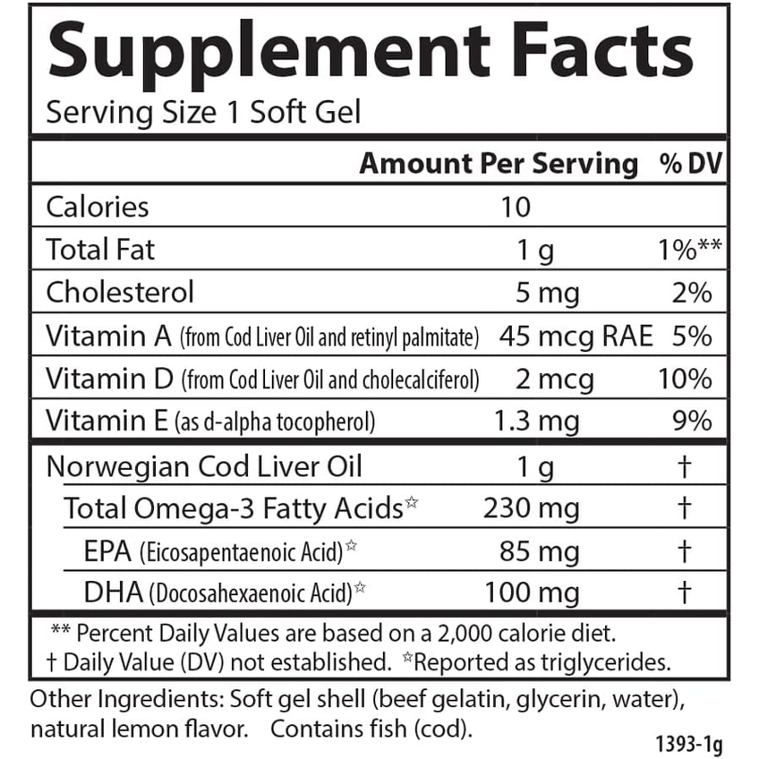 Жир печінки тріски з вітаміном А з лимонним смаком / Cod Liver Oil Gems Low Vitamin A Lemon Flavor, Carlson Labs, 300 гелевих капсул