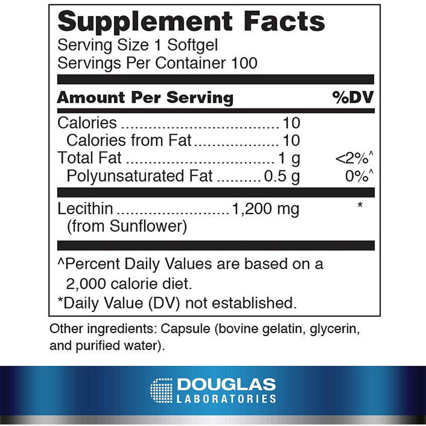 Лецитин подсолнечный / Sunflower Lecithin, Douglas Laboratories, 1200 мг, 100 гелевых капсул